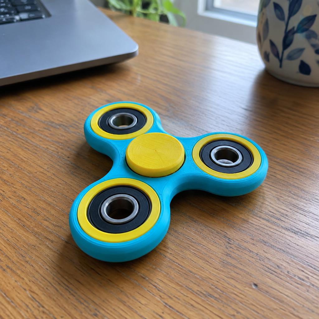 3D printed fidget spinner on a wooden desk